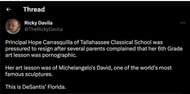 Social media users reacted to Tallahassee Classical School’s ex-principal teaching kids about world-famous art. (Image via Twitter)